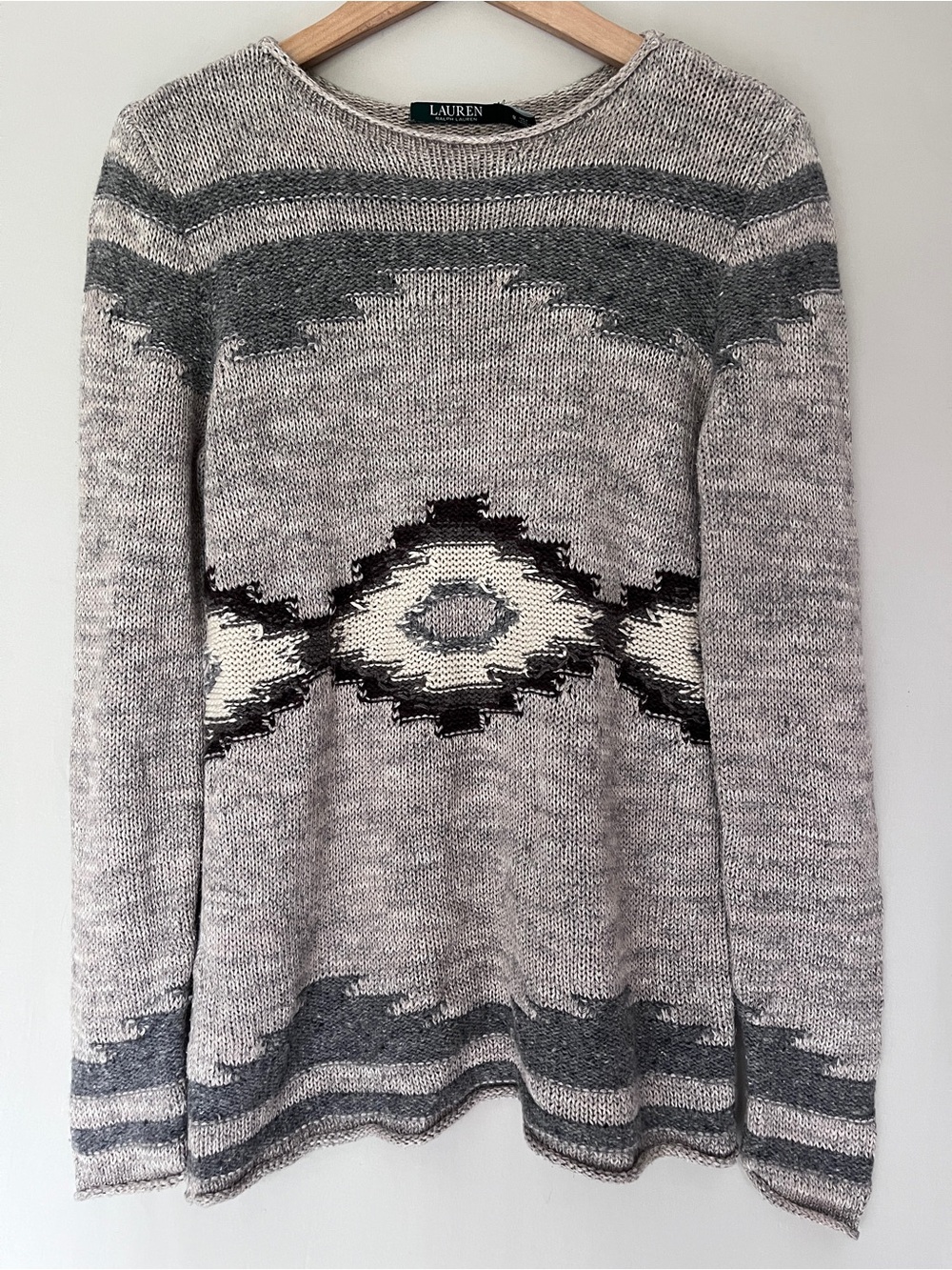 Lauren Ralph Lauren Geometric Knit Sweater Grey Black Cotton Blend M